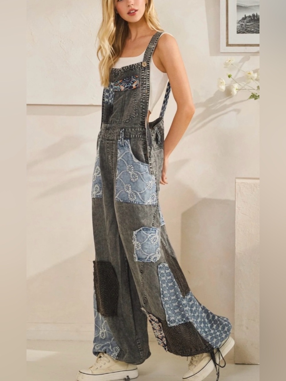 Oli & Hali Gray Patchwork Tencel Denim Overalls - Picture 6 of 15